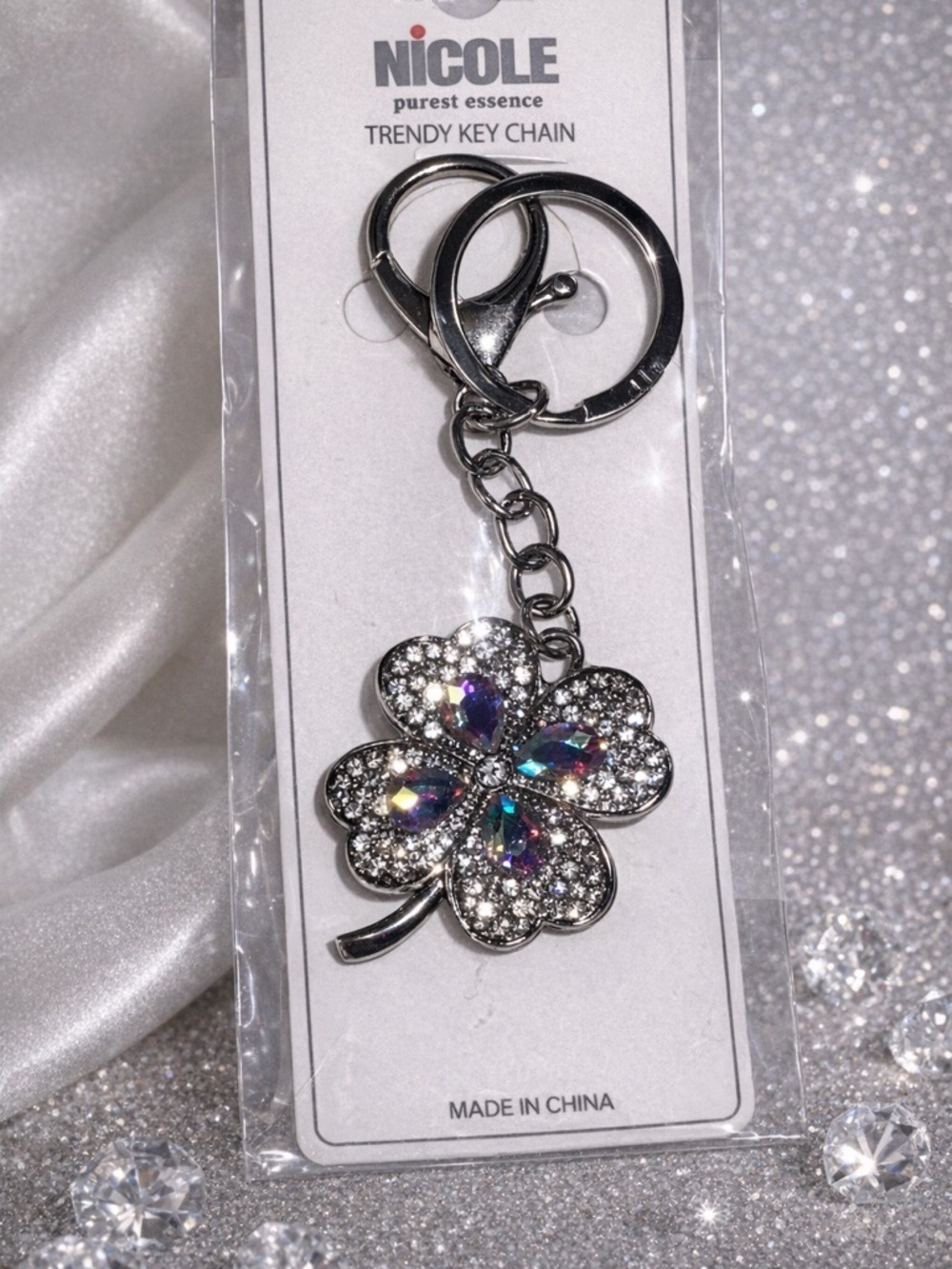 Rhinestone Clover Keychain Sparkly Lucky Charm Bling Purse Charm